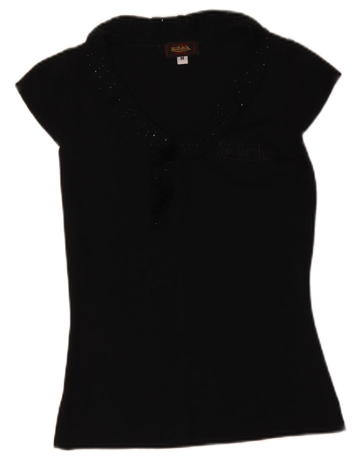 Von Dutch Damen-Blusenoberteil UK 12 Mittelschwarze Mikrofasern
