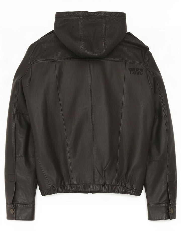 Superdry Herren Militär-Lederjacke mit Kapuze, UK 38, mittelschwarz