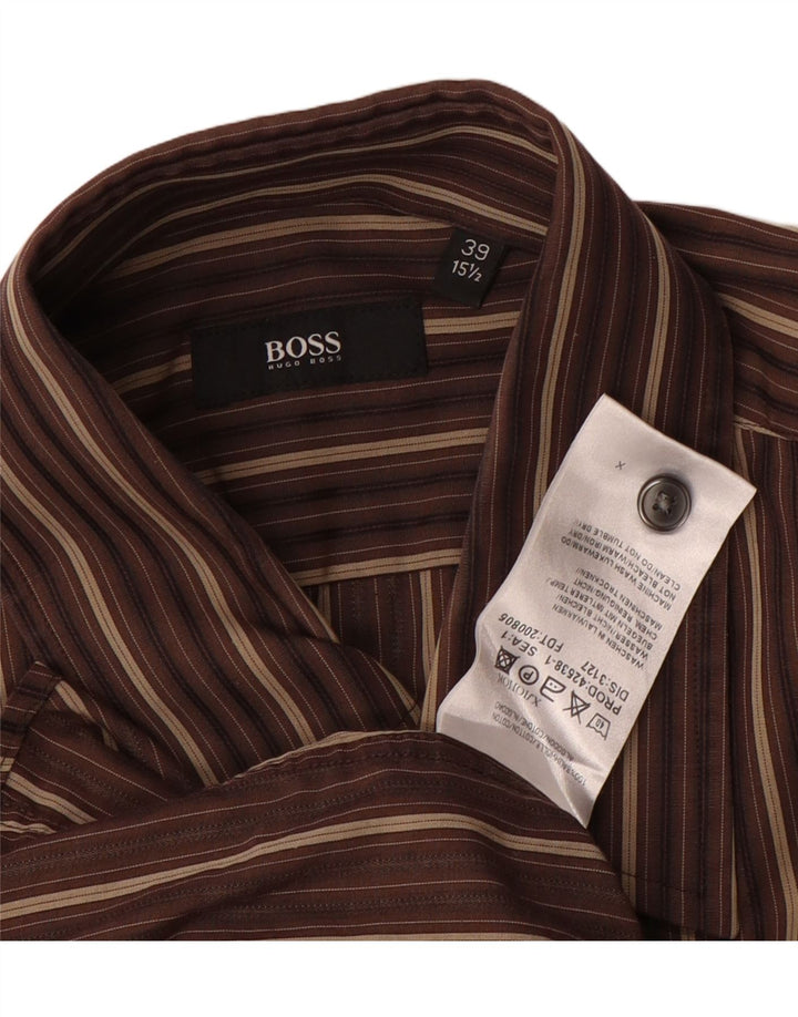 Hugo Boss Herrenhemd Größe 39 15/2 Mittelbraun gestreifte Baumwolle