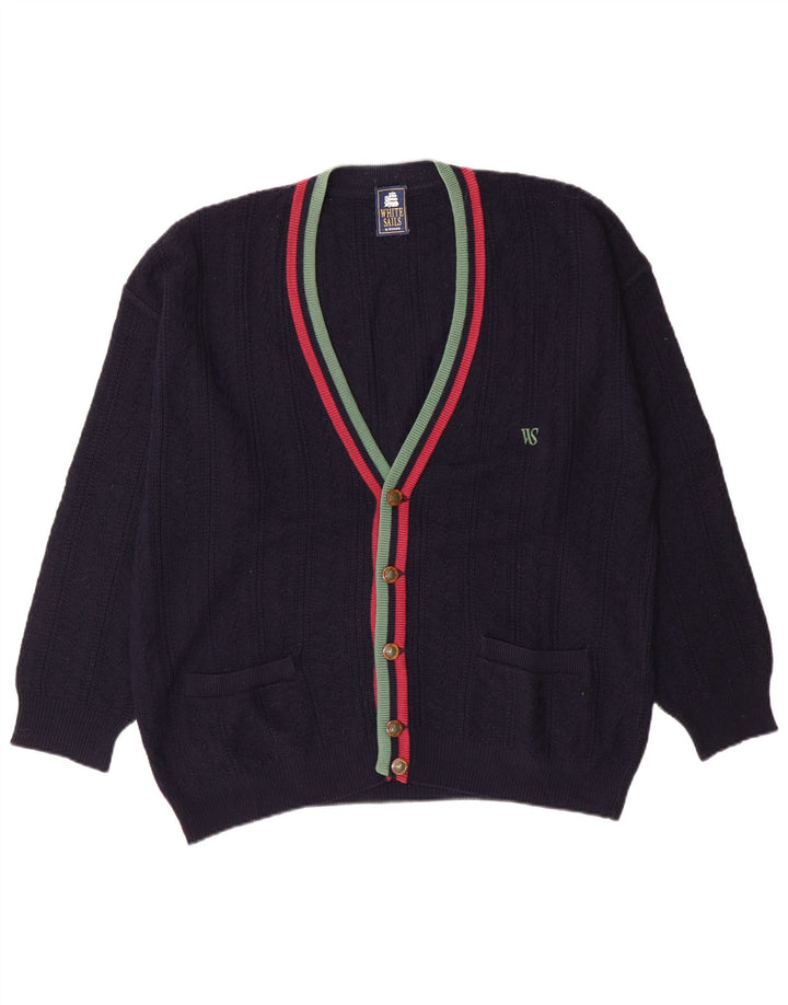 White Stuff Mens Cardigan Sweater Medium Navy Blue Striped Wool Classic