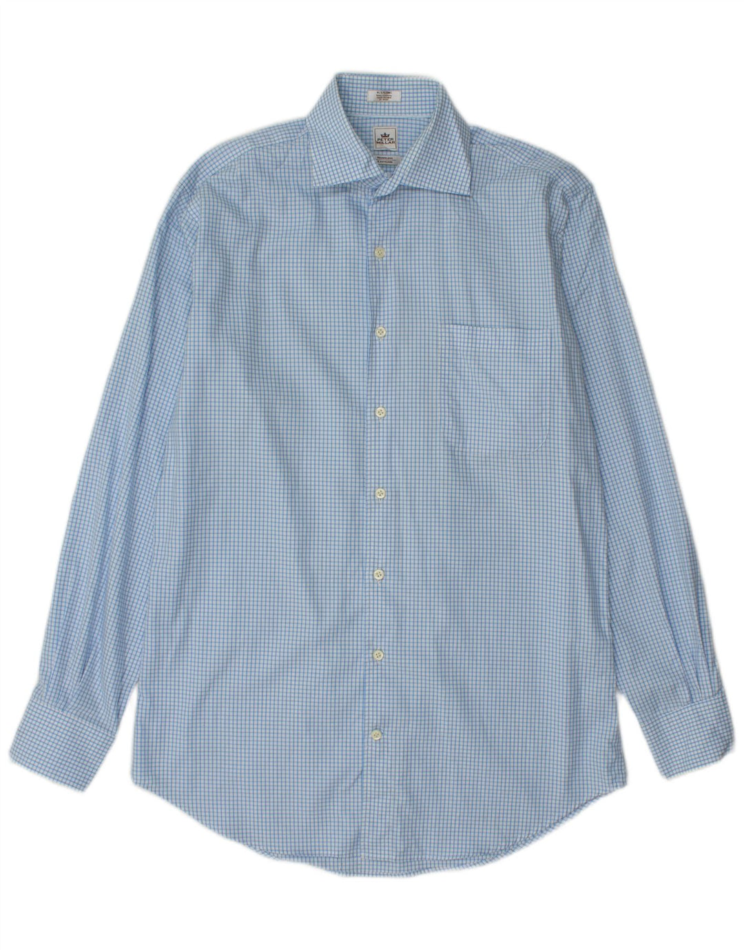 PETER MILLAR Herren-Langhemd, Größe 15 5, mittelblaue Gingham-Baumwolle