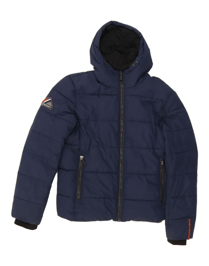 SUPERDRY Mens Hooded Padded Jacket UK 34 XS Navy Blue Polyester Vintage Superdry and Second-Hand Superdry from Messina Hembry 
