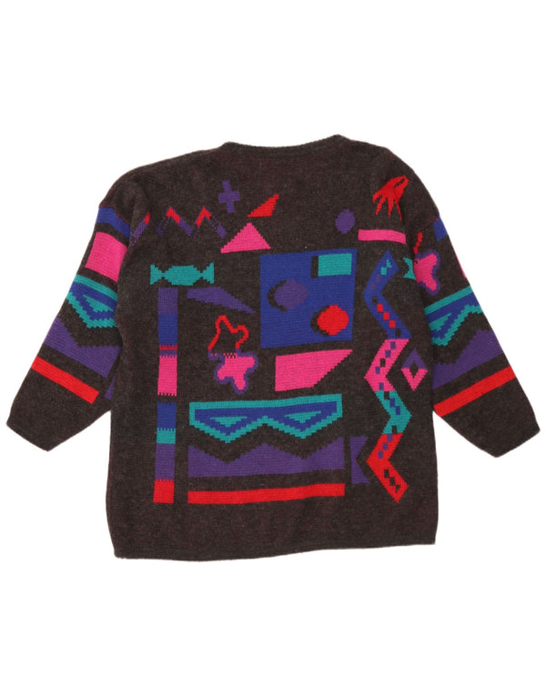 Vintage Damen Pullover mit U-Boot-Ausschnitt UK 18 XL Grau Geometrisch