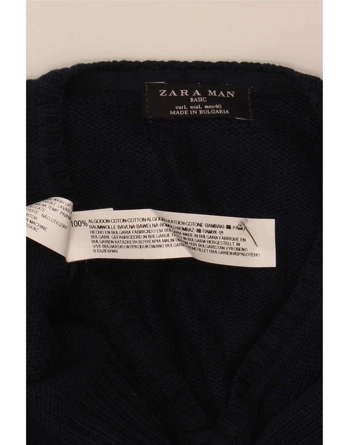 Zara Herren-Pullover mit V-Ausschnitt, groß, marineblaue Baumwolle