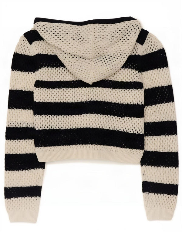 Zara Womens Crop Hooded Crochet Pullover Pullover UK 14 Medium Schwarz gestreift
