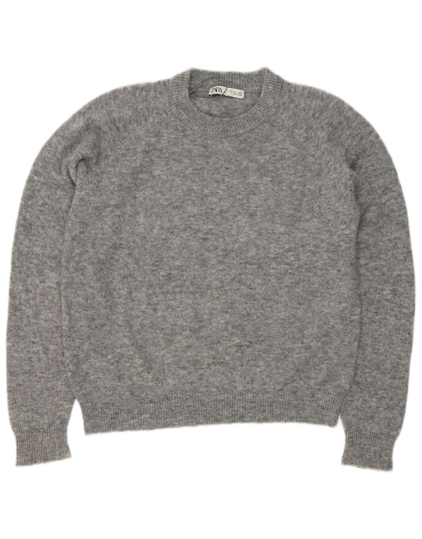 Zara Damen-Pullover mit Rundhalsausschnitt, Gr. 16, großes grau geflecktes Nylon