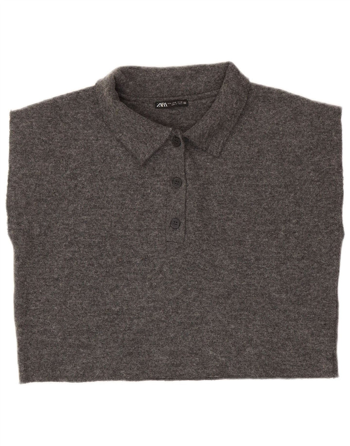 Zara Damen Crop Ärmelloses Poloshirt UK 14 Mittelgraues Polyester