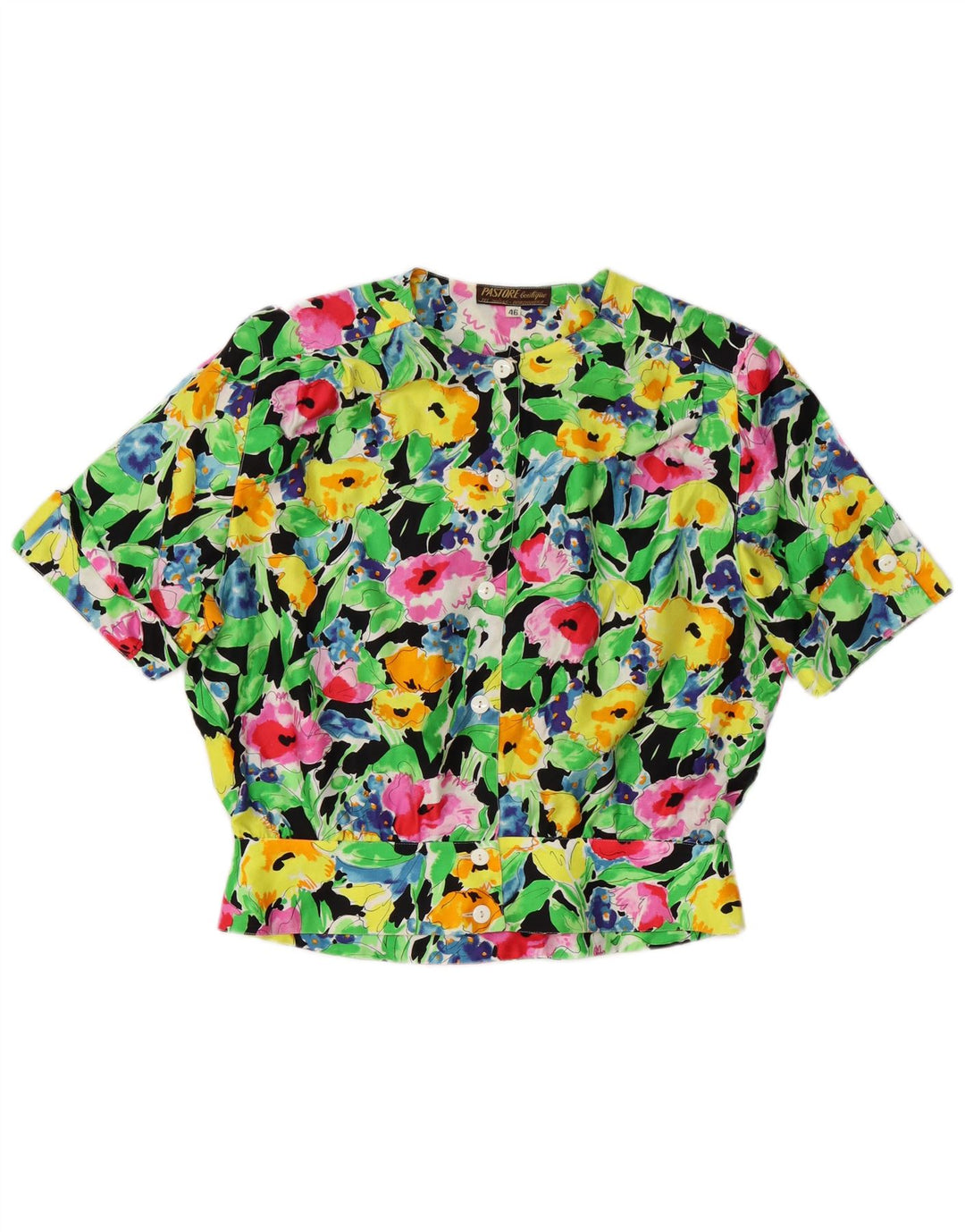 VINTAGE Damen Kurzarm-Hemdbluse IT 46 Großes mehrfarbiges Blumenmuster
