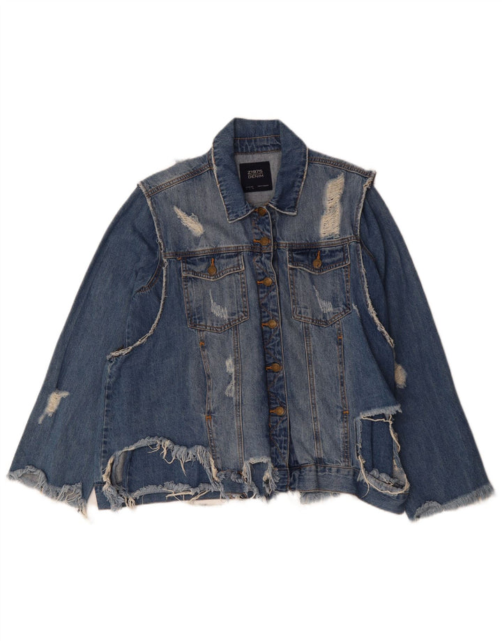 ZARA Damen Distressed Jeansjacke UK 16 Große blaue Baumwolle