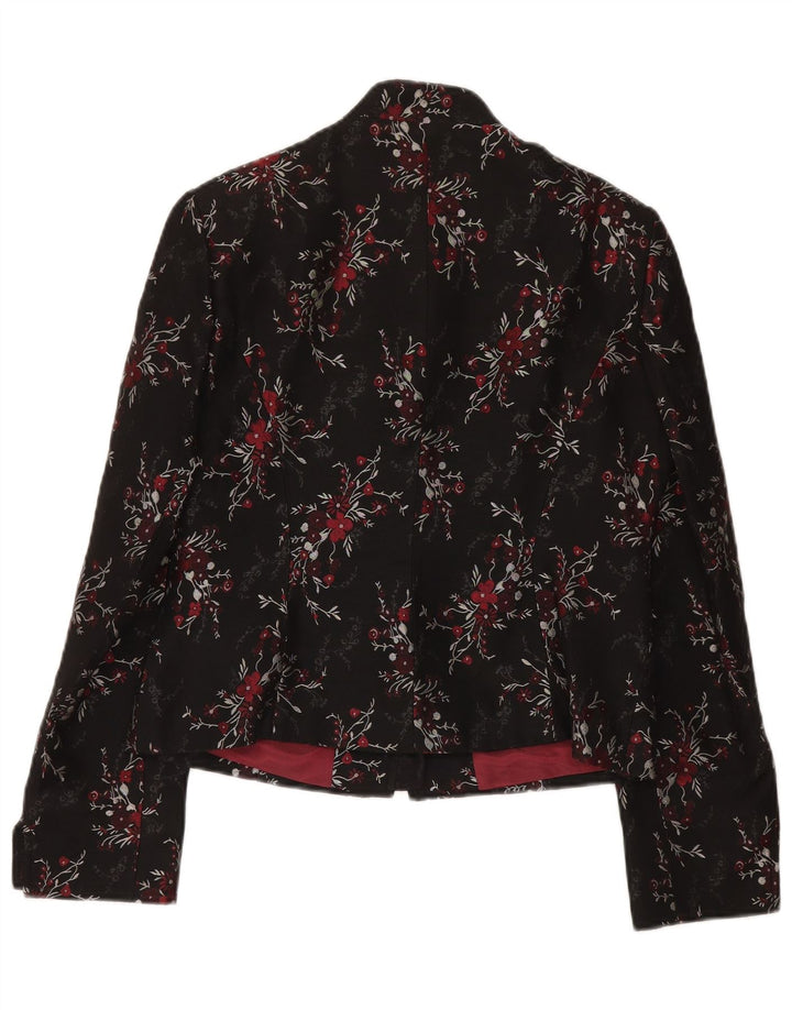 Vintage Damen 5-Knopf-Blazerjacke UK 14 Großes schwarzes florales Acetat