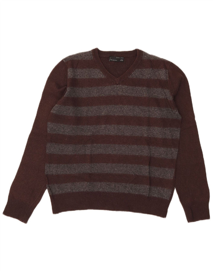 Zara Herren-Pullover mit V-Ausschnitt aus mittelbraun gestreifter Wolle