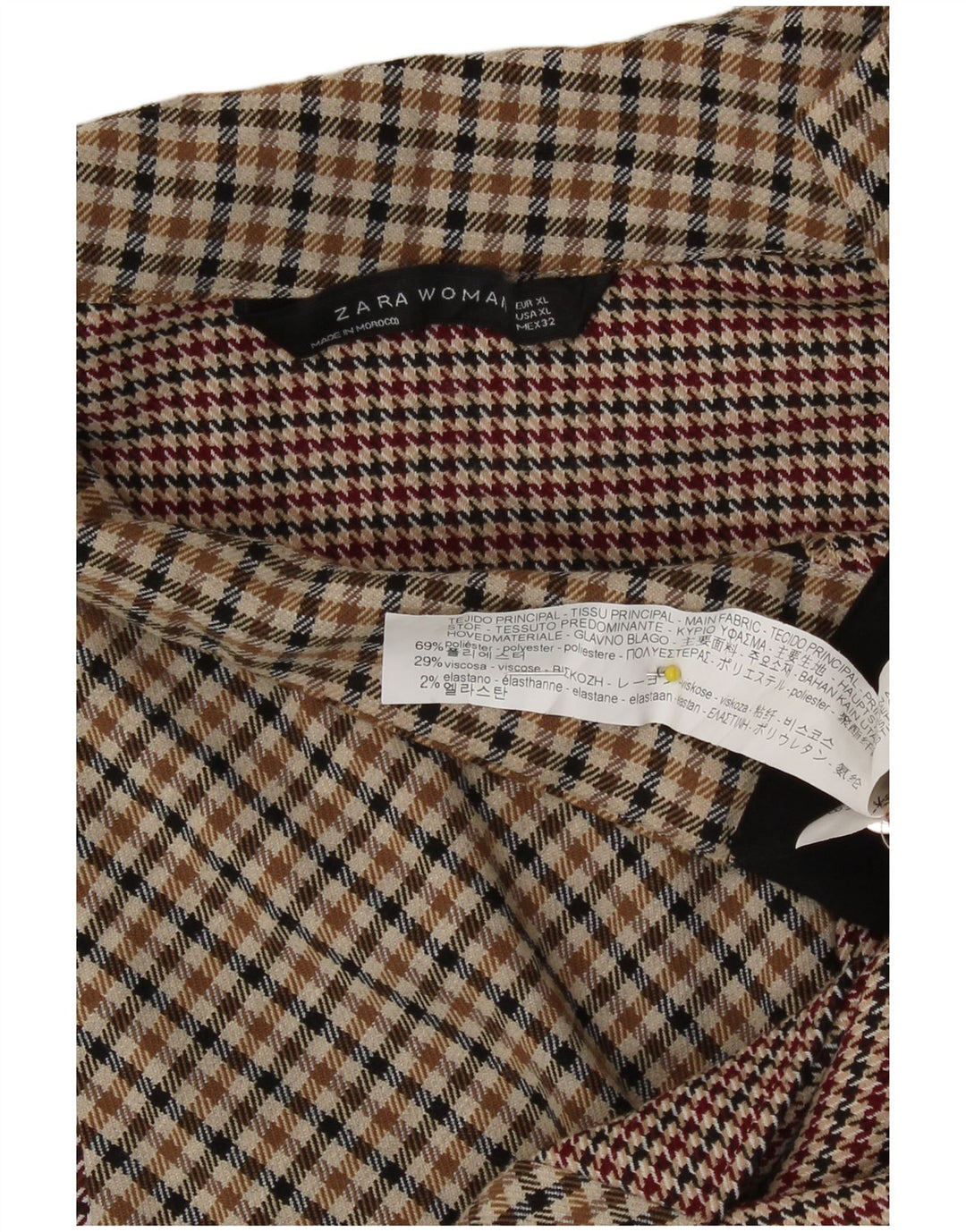 Zara Damen Langarm-Blusenoberteil UK 18 XL Braunes Gingham-Polyester