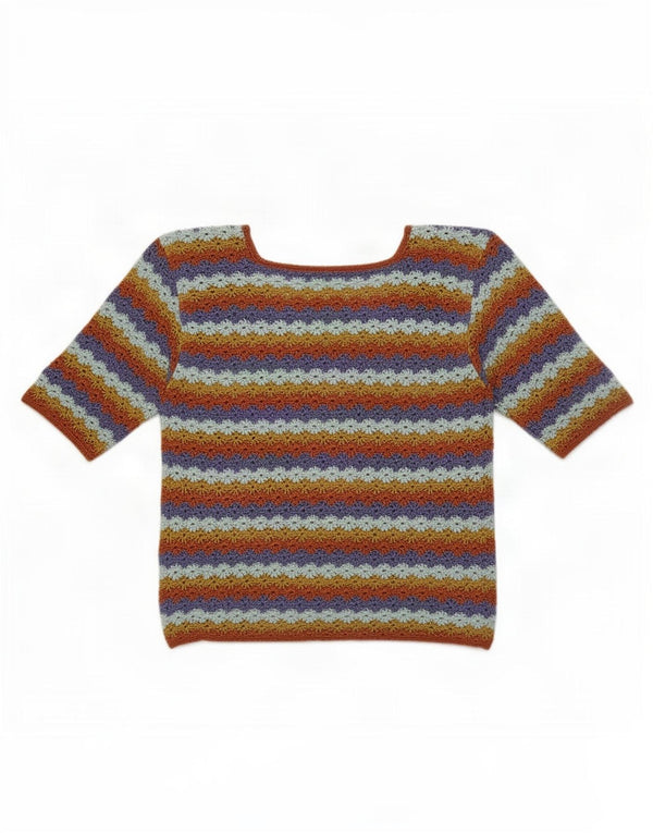 Vintage Damen Häkelbluse Top UK 12 Medium Bunt gestreift
