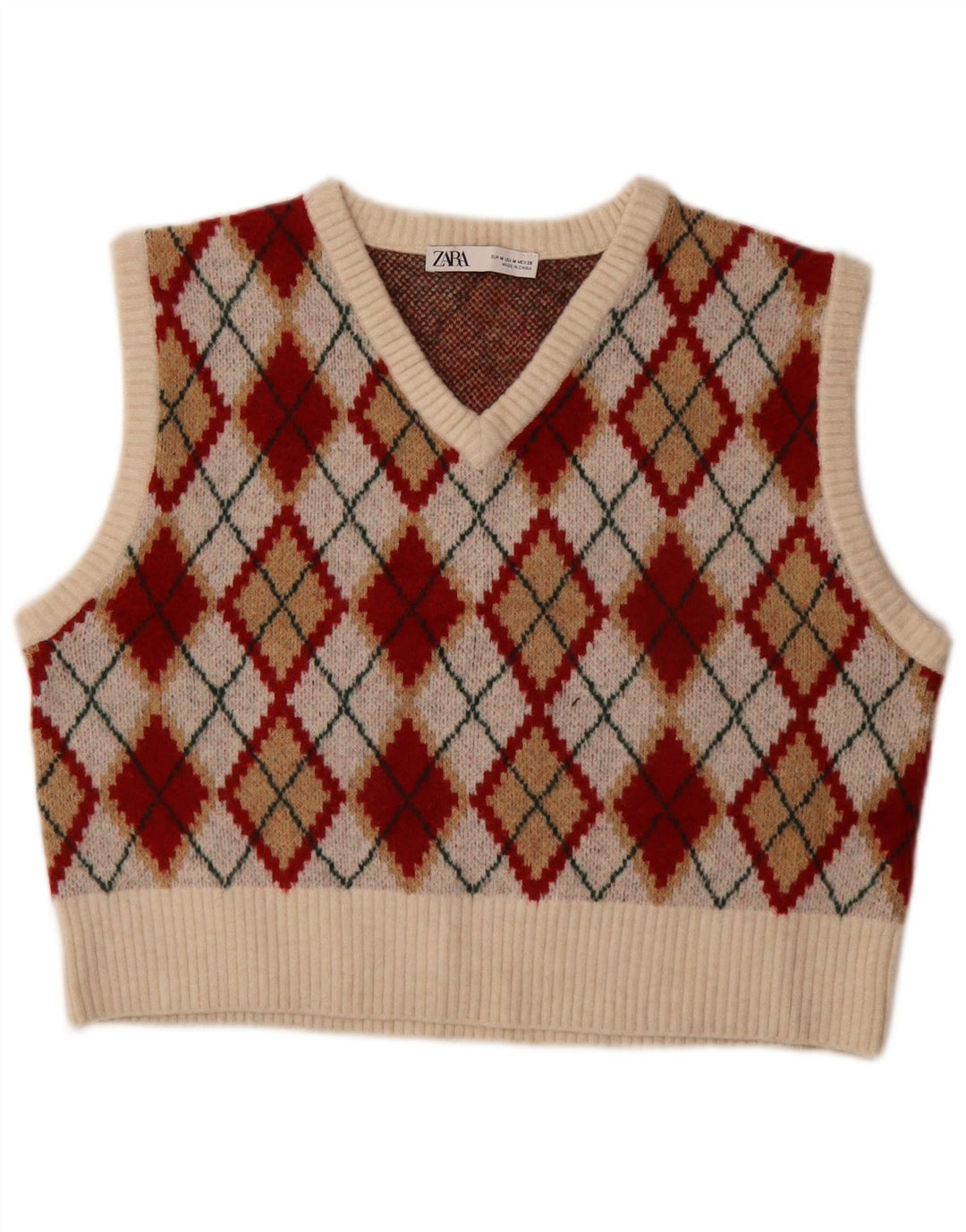 Zara Damen Crop Vest Tank Top UK 14 Medium Mehrfarbig Argyle/Diamant
