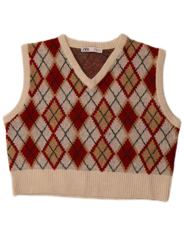 Zara Damen Crop Vest Tank Top UK 14 Medium Mehrfarbig Argyle/Diamant