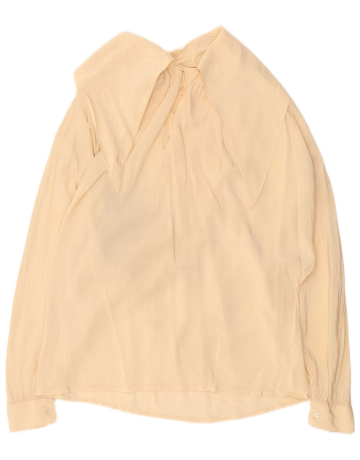 Vintage Damen LangarmBluse Top UK 14 Große beige geometrische Seide