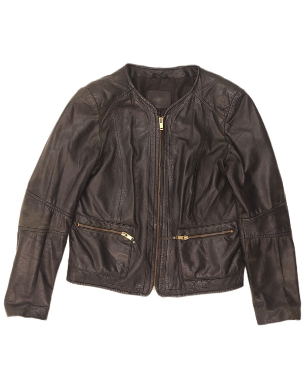 Mango Damen Crop Lederjacke UK 14 Großes schwarzes Leder