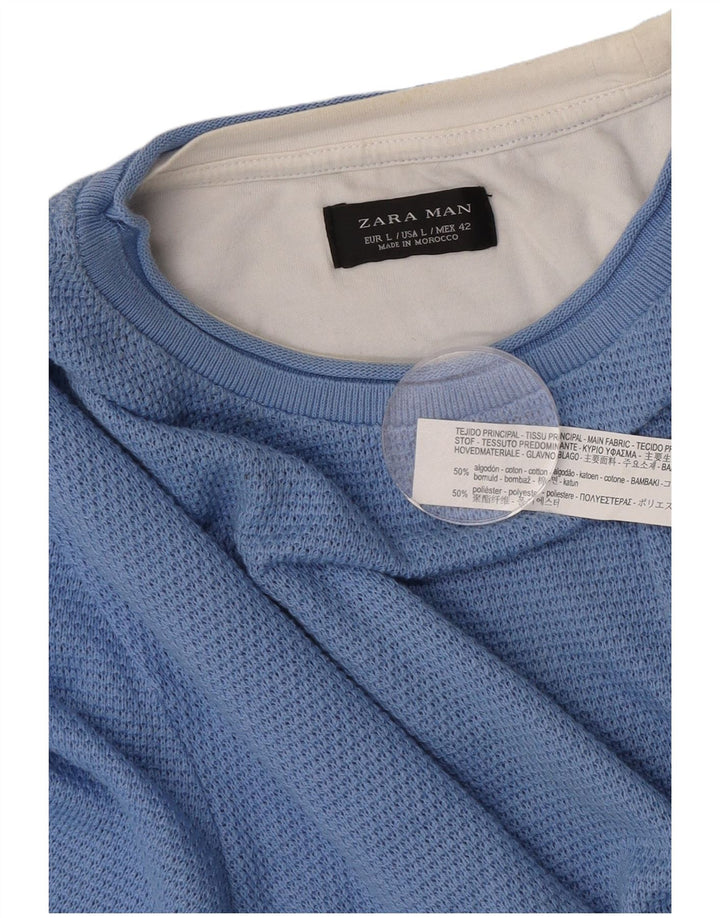 Zara Herren-Pullover mit Rundhalsausschnitt, groß, blaue Blockfarben-Baumwolle