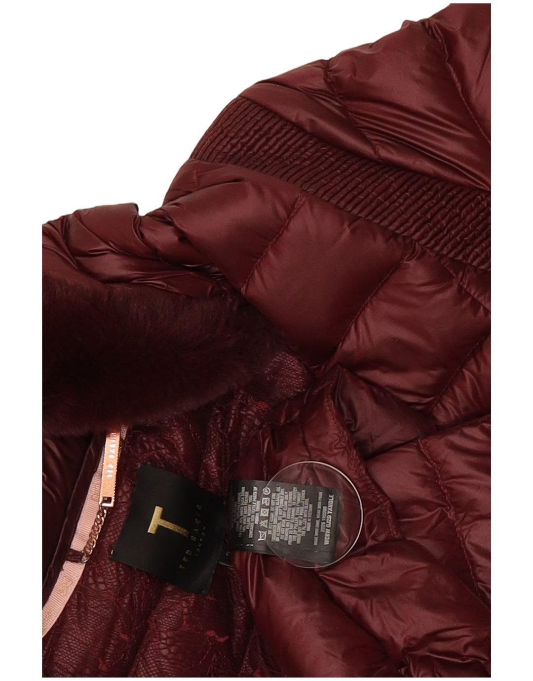 Ted Baker Wattierter Damenmantel mit Kapuze, Größe 2, Klein, Burgunderrot, Polyamid