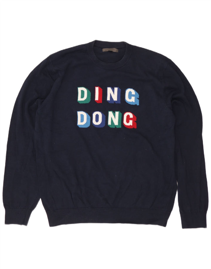 MARKS & SPENCER Herren-Pullover mit grafischem Rundhalsausschnitt, Größe L, Marineblau