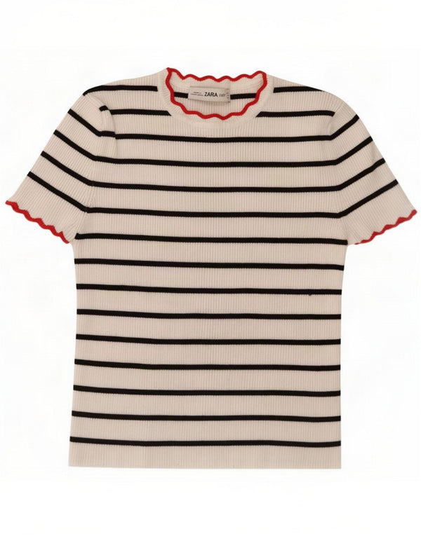 Zara Damen Crop T-Shirt Top UK 10 Small Weiß Gestreifte Viskose
