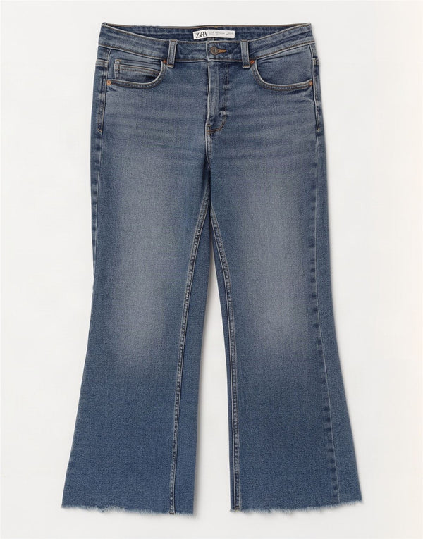 Zara Damen Crop Bootcut Jeans EU 40 Medium W30 L25 Blaue Baumwolle