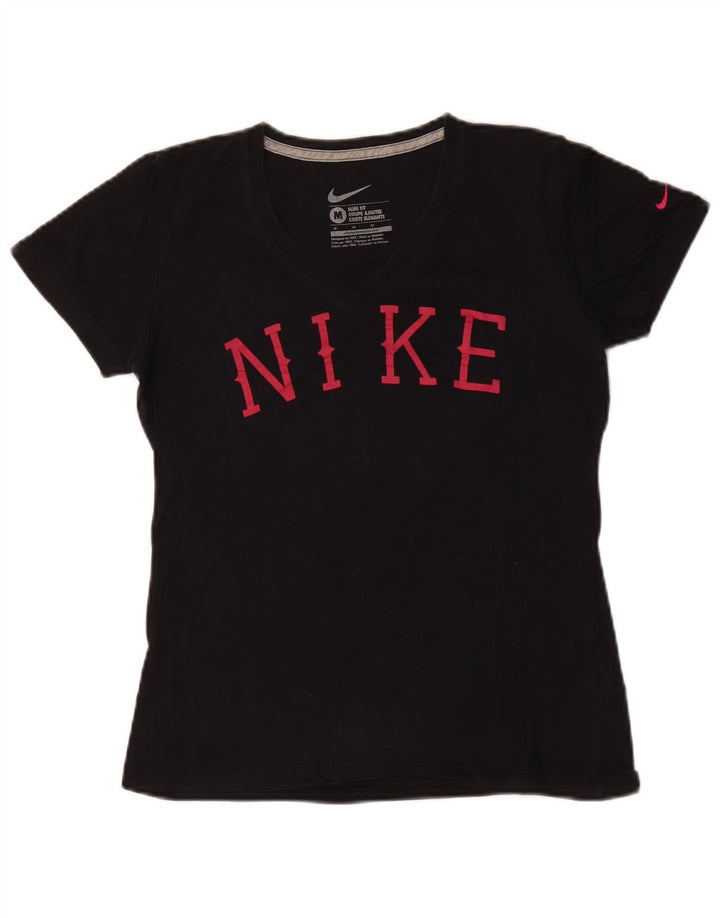NIKE Damen Slim Fit Graphic T-Shirt Top UK 12 Mittelschwarze Baumwolle