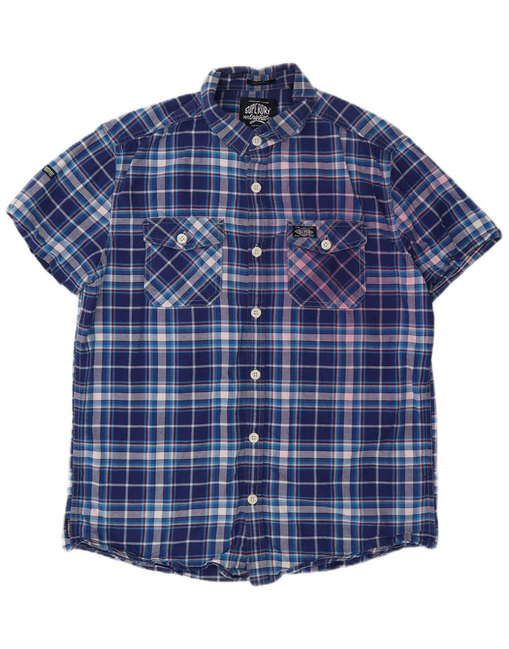 Superdry Herren-Kurzarmhemd, groß, blau kariert, Baumwolle