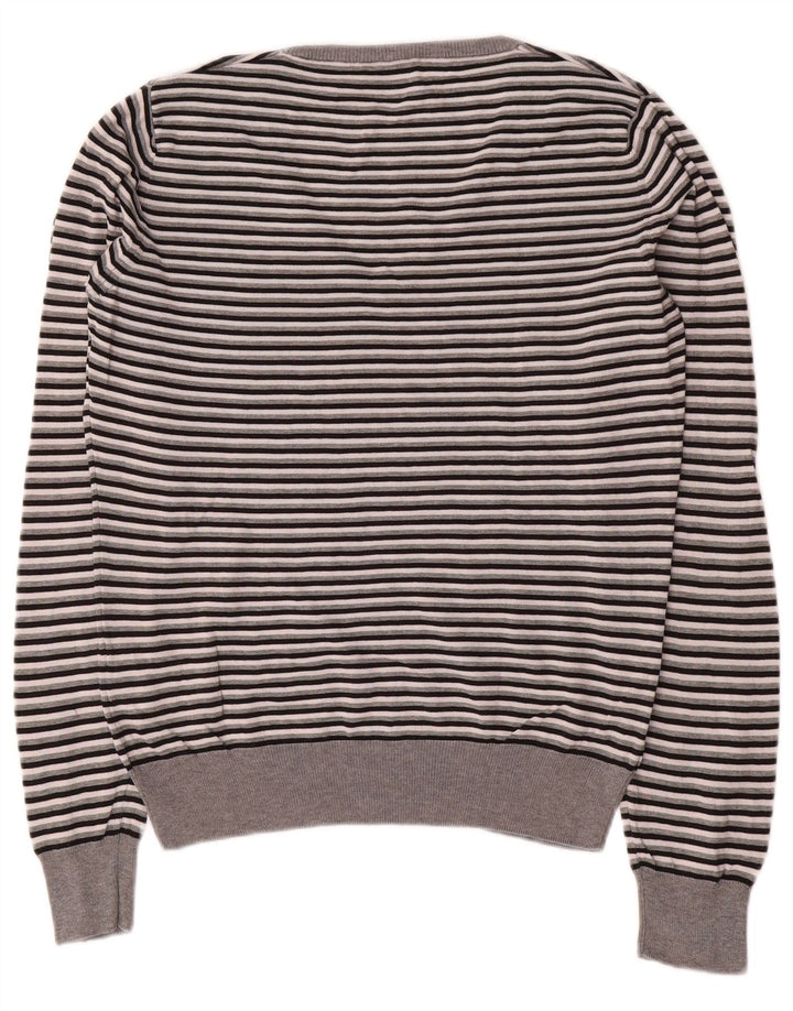 Fred Perry Damen-Pullover mit V-Ausschnitt, UK 14, mittelgrau, gestreift, Baumwolle