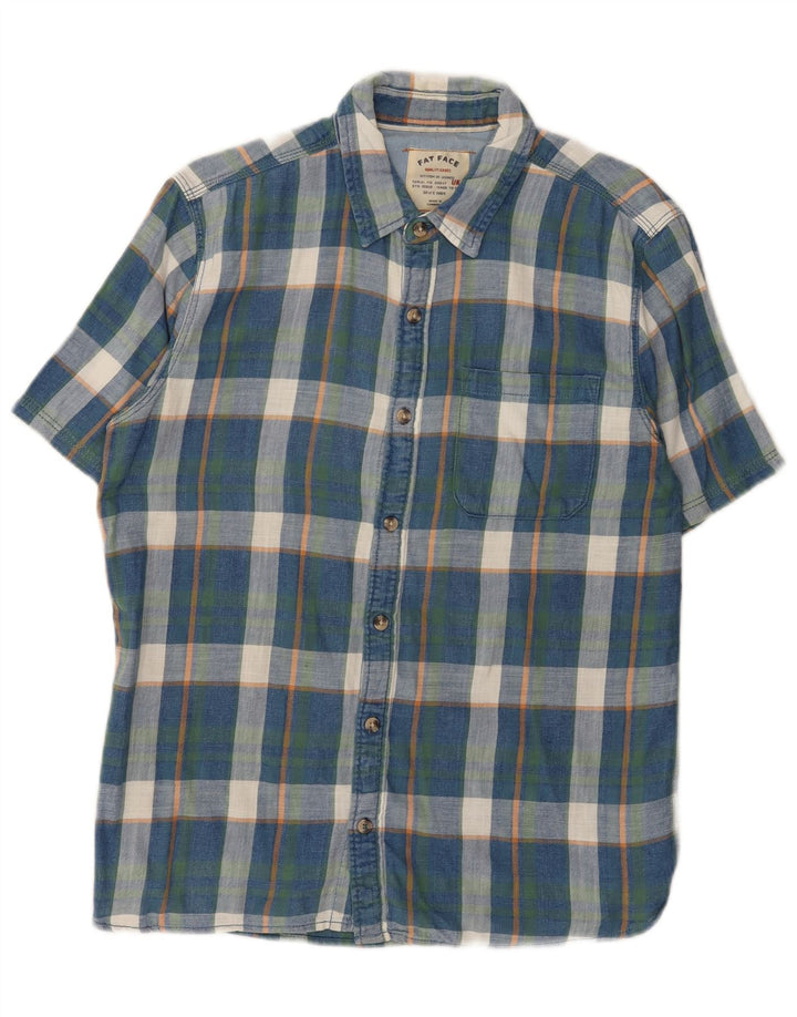 Fat Face Herren-Kurzarm-Flanellhemd aus mittelblau karierter Baumwolle