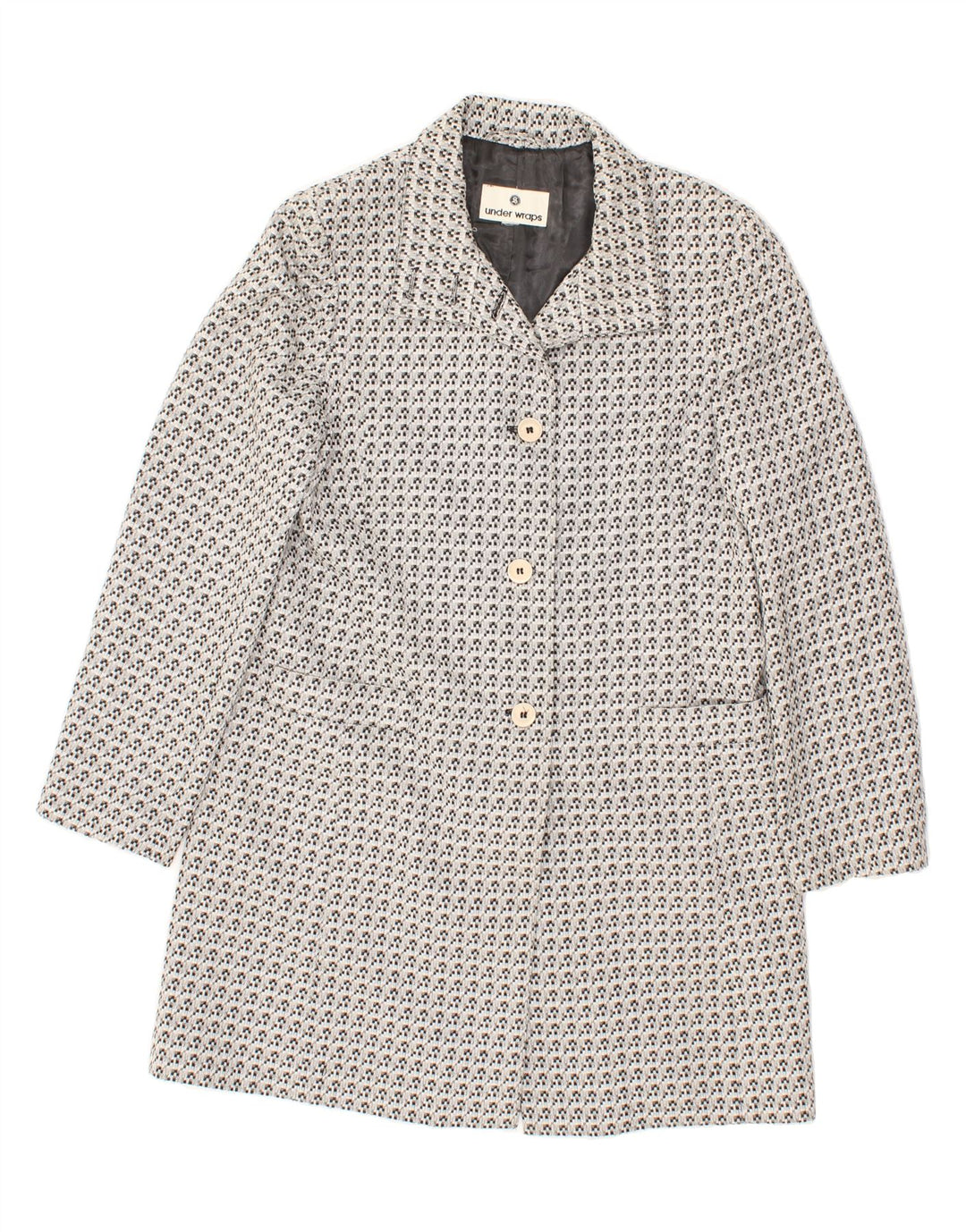 VINTAGE Womens Abstract Pattern Overcoat UK 12 Medium Grey Cotton Vintage Vintage and Second-Hand Vintage from Messina Hembry 