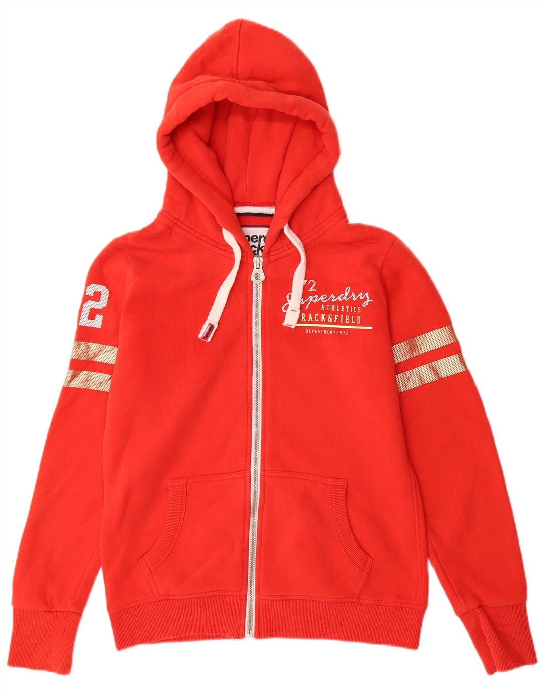 SUPERDRY Damen-Kapuzenpullover mit grafischem Reißverschluss, UK 12, mittelrote Baumwolle