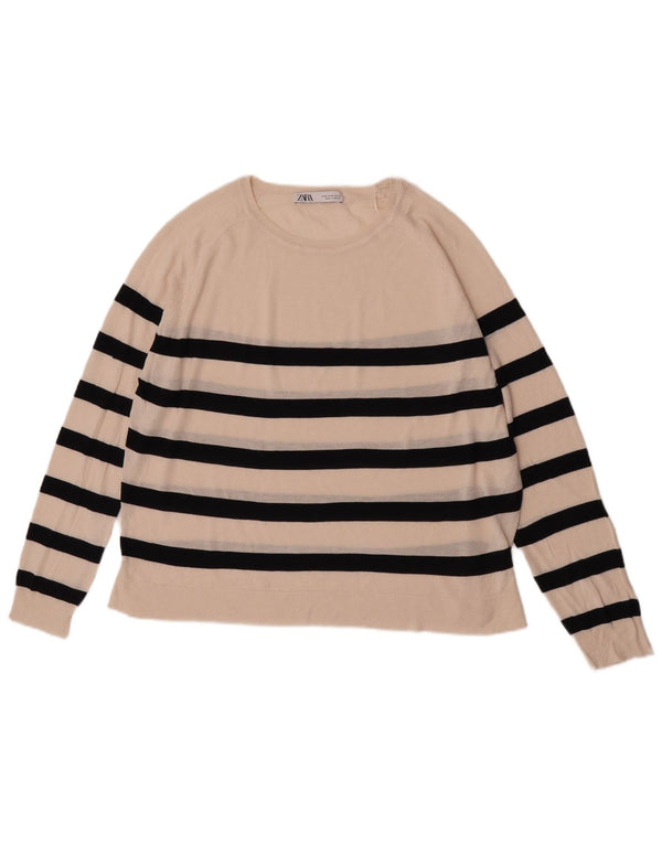 Zara Damen-Pullover mit U-Boot-Ausschnitt, UK 18 XL, cremefarbene, gestreifte Viskose
