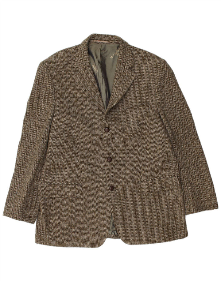Harris Tweed Herren-Blazer mit 3 Knöpfen, UK 40, großes braunes Fischgrätenmuster