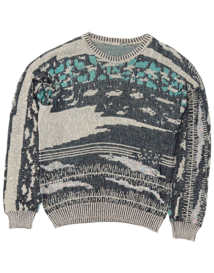 Vintage Herren Pullover mit abstraktem Muster und Rundhalsausschnitt in Mittelblau