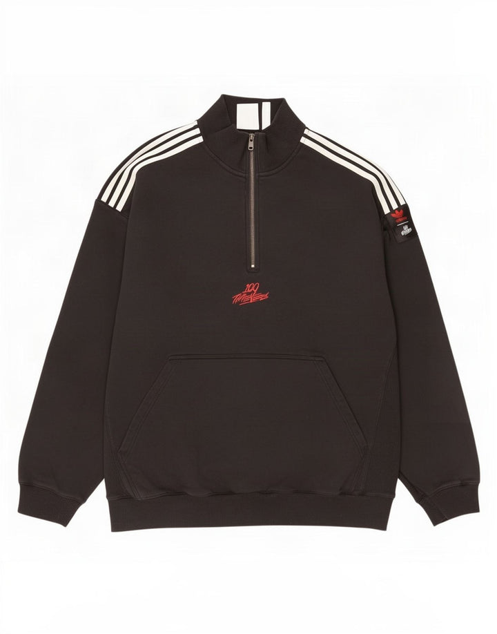 Adidas Herren-Sweatshirt mit Reißverschluss am Hals, groß, aus schwarzer Baumwolle