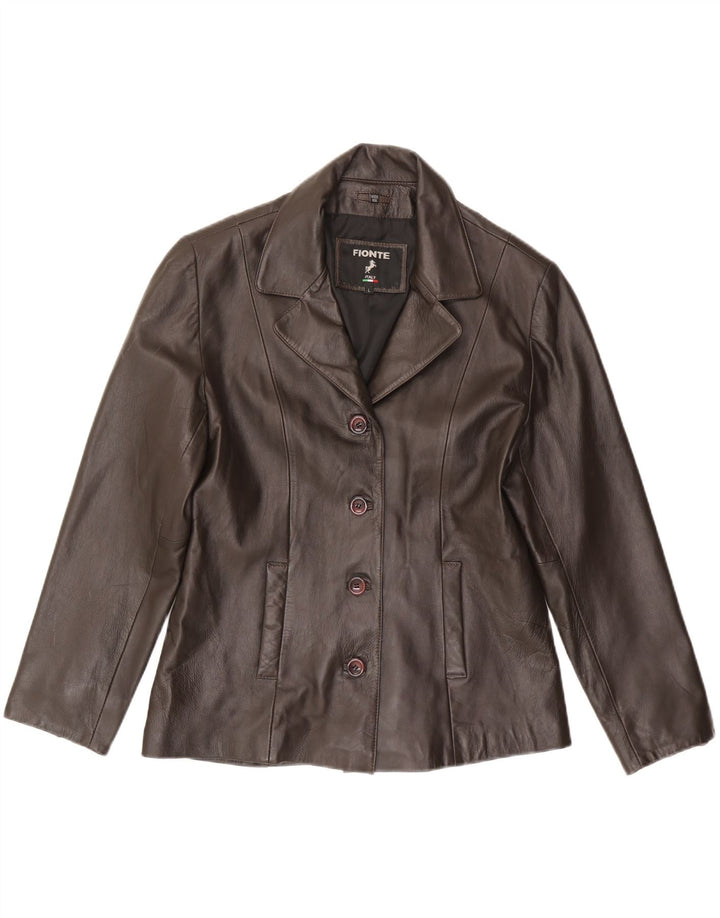 Fionte Damen-Blazerjacke aus Leder mit 4 Knöpfen, UK 16, großes braunes Leder