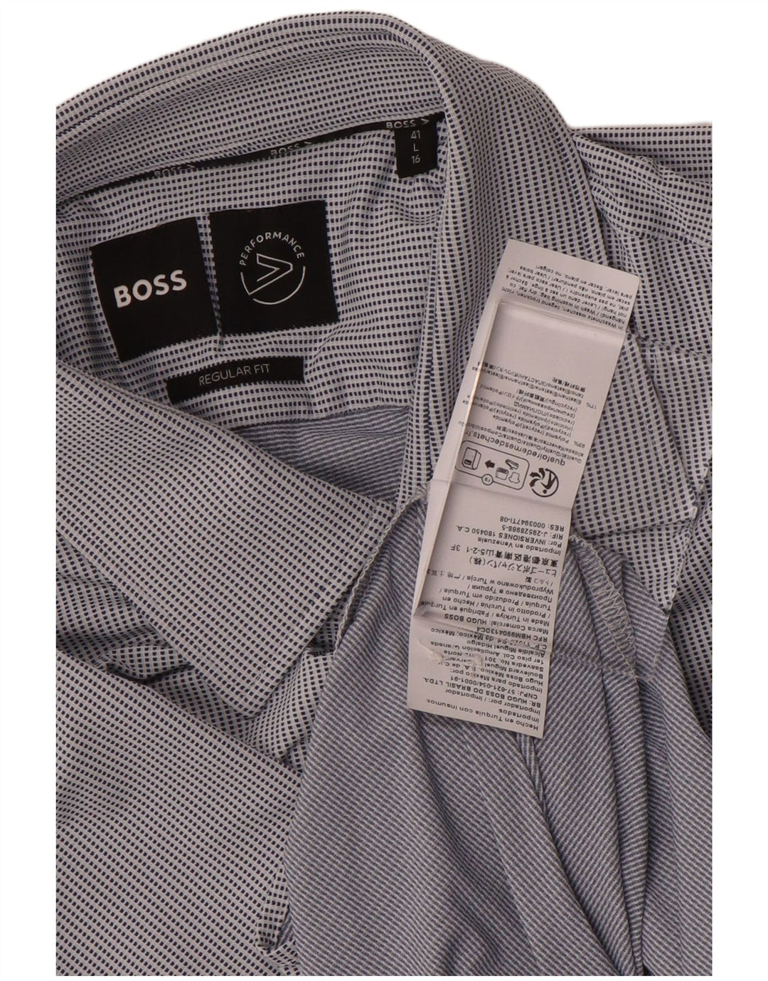 Hugo Boss Herren-Hemd mit normaler Passform, Größe 41 16, großes, blau geflecktes Polyamid
