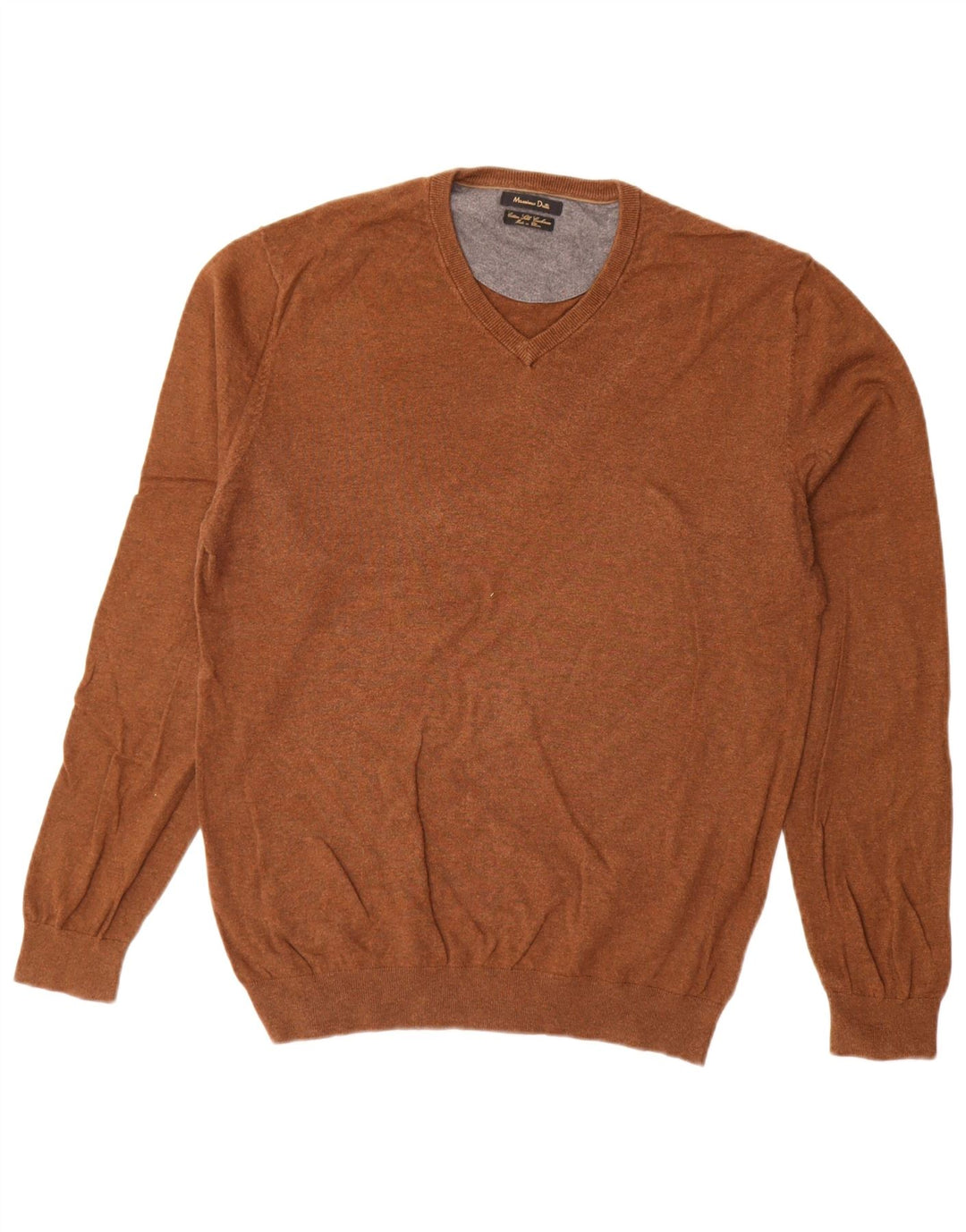 Massimo Dutti Herren-Pullover mit V-Ausschnitt aus mittelbrauner Baumwolle