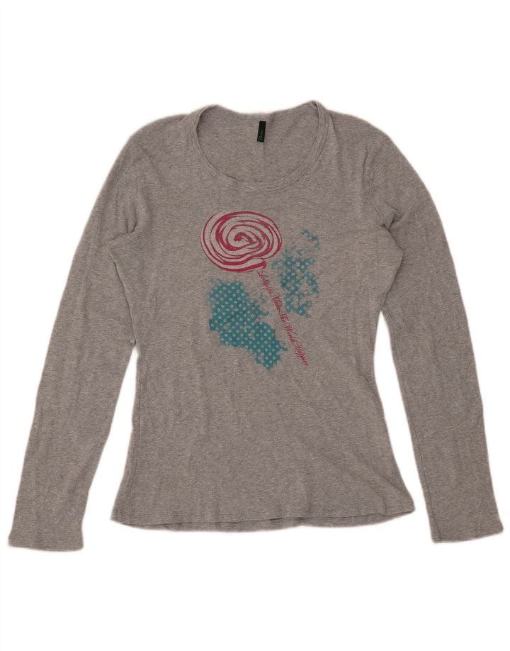 BENETTON Womens Graphic Top Langarm UK 16 Large Grau gefleckte Baumwolle