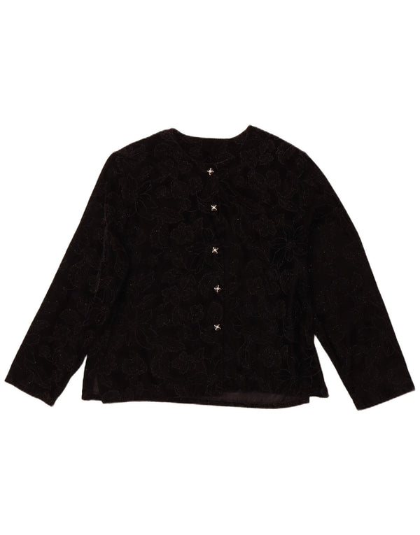 VINTAGE Langarm-Blusenoberteil für Damen UK 16 Großes schwarzes Blumenmuster