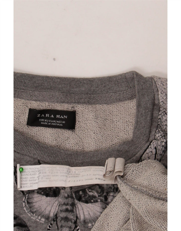 Zara Herren Grafik-Sweatshirt-Pullover aus mittelgrauer, geblümter Baumwolle