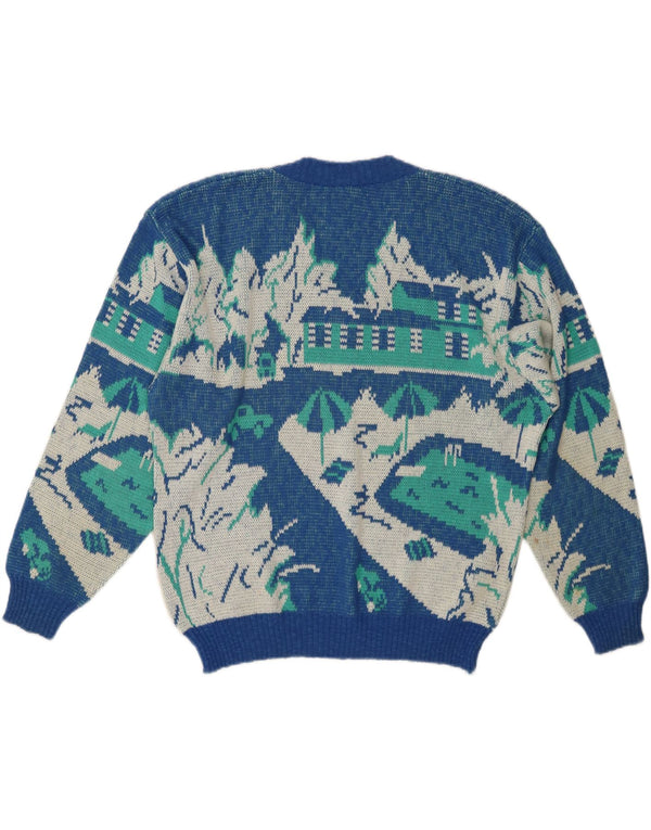 VINTAGE Damen Pullover mit abstraktem Muster und V-Ausschnitt IT 52 2XL Blau