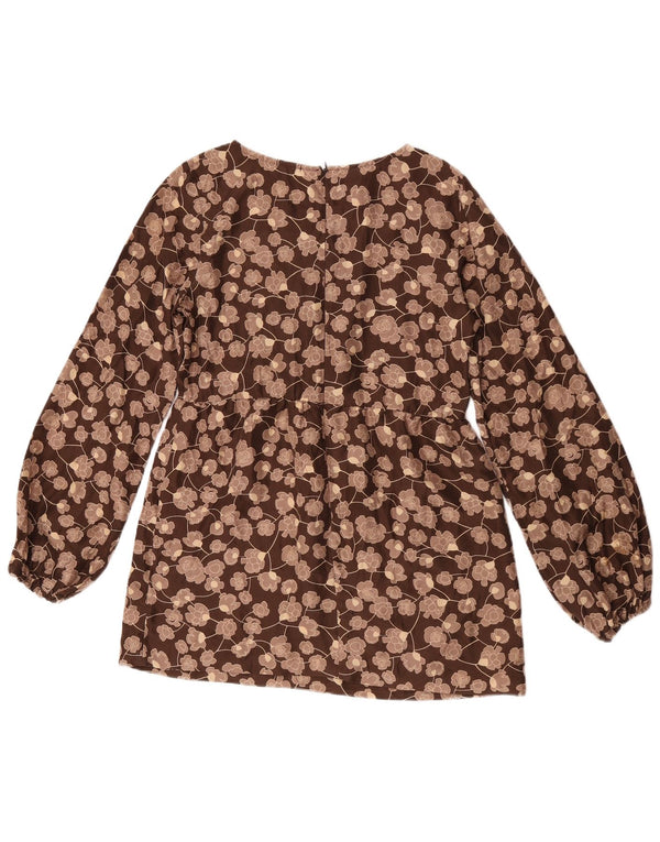 Benetton Damen-Blusenoberteil mit langen Ärmeln, Gr. 10, Größe S, braun, geblümt, Seide