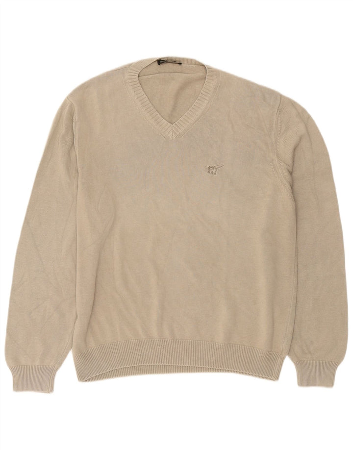 Henry Cottons Herren-Pullover mit V-Ausschnitt, groß, beige Baumwolle