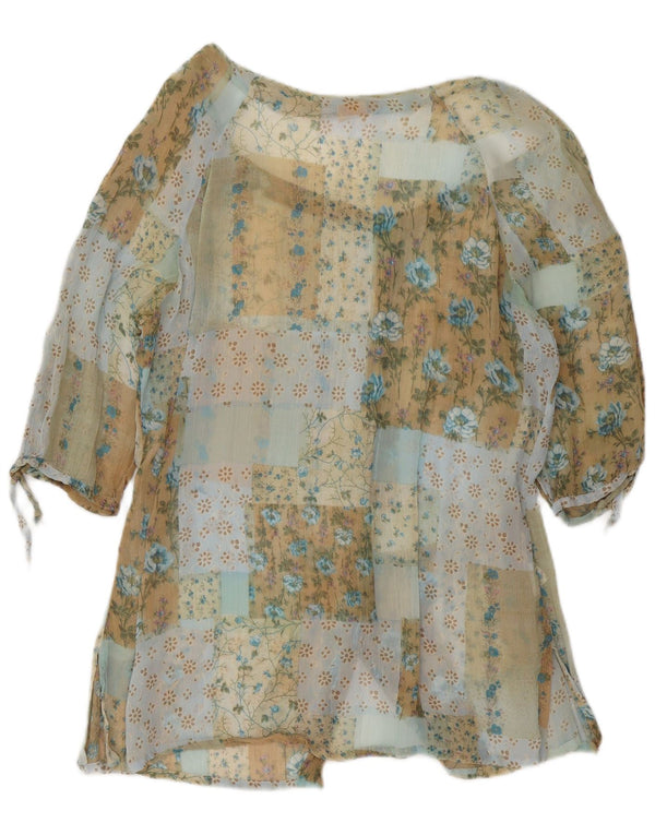 Vintage Damen 3/4-Ärmel-Hemdbluse UK 16 Großes mehrfarbiges Blumenmuster