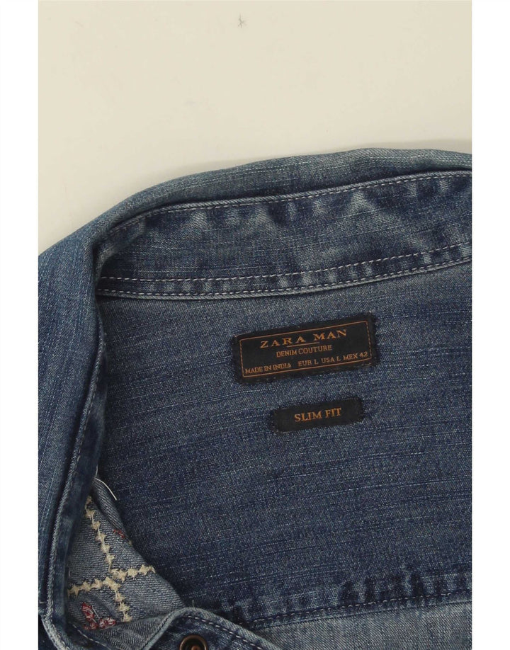Zara Slim Fit Jeanshemd für Herren, groß, blau, geometrisch