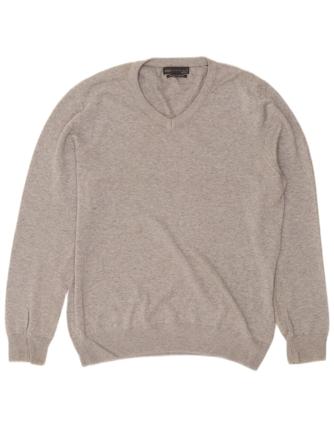 Marks & Spencer Herren-Pullover mit V-Ausschnitt aus mittelgrau gefleckter Baumwolle