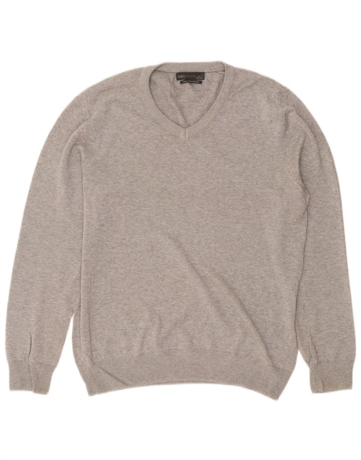 Marks & Spencer Herren-Pullover mit V-Ausschnitt aus mittelgrau gefleckter Baumwolle