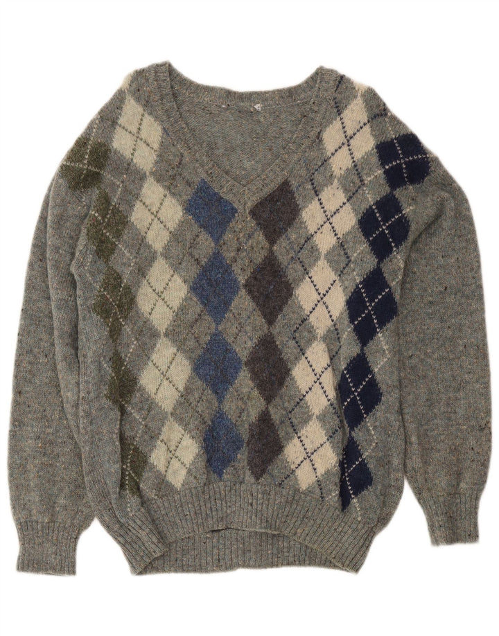 Vintage Herren-Pullover mit V-Ausschnitt, mittelgraue Argyle-/Diamant-Schurwolle